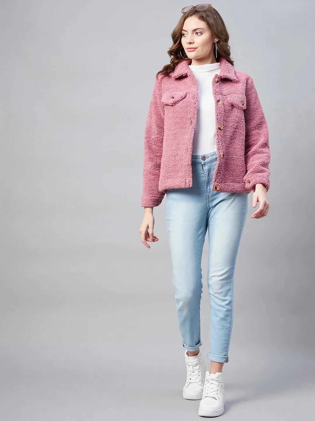 Women's Pink Fleece Casual Winter Jacket - StyleStone