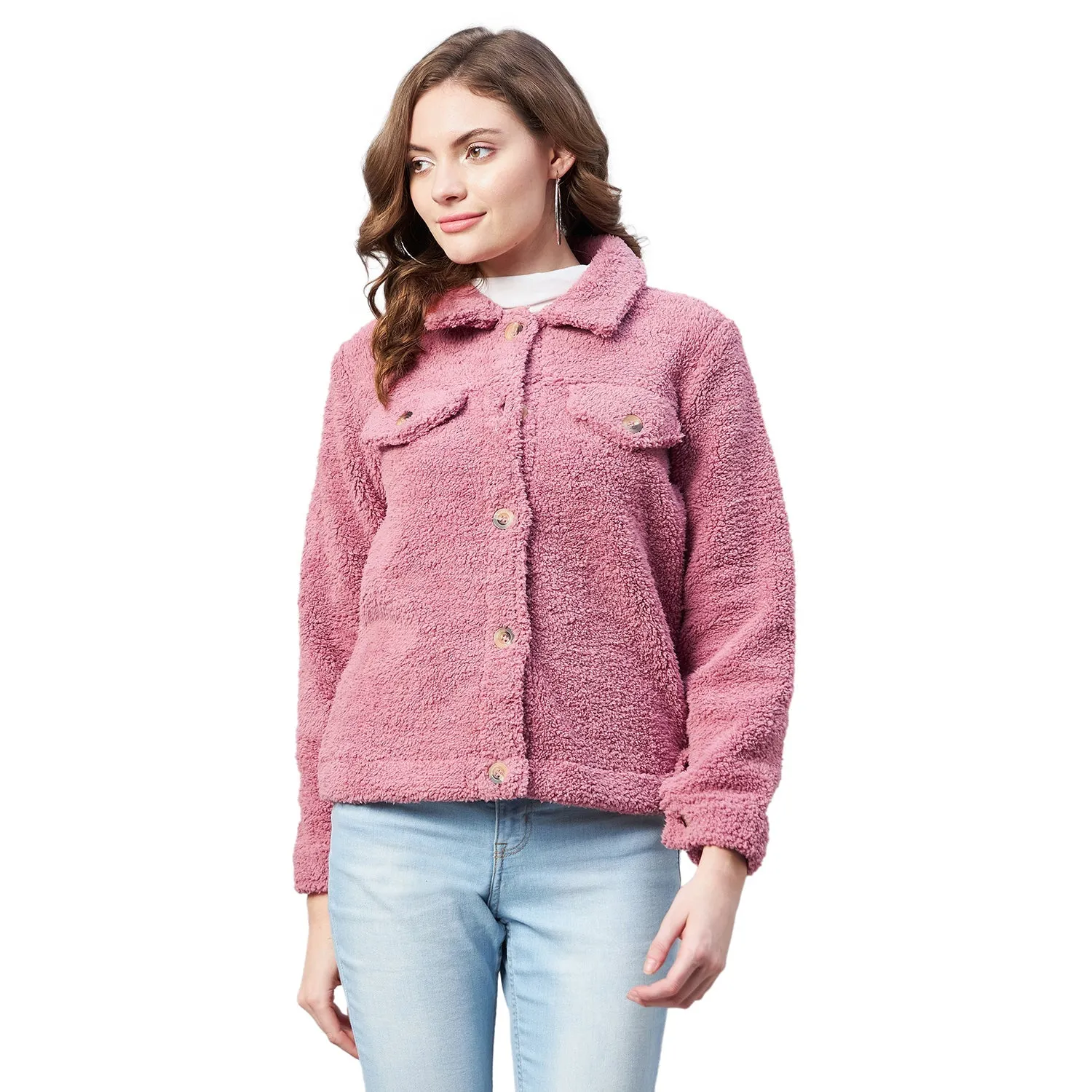 Women's Pink Fleece Casual Winter Jacket - StyleStone