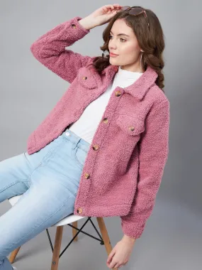 Women's Pink Fleece Casual Winter Jacket - StyleStone