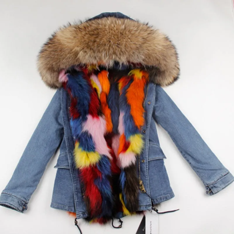 Women's Winter Casual Denim Thick Short Parka With Raccoon Fur