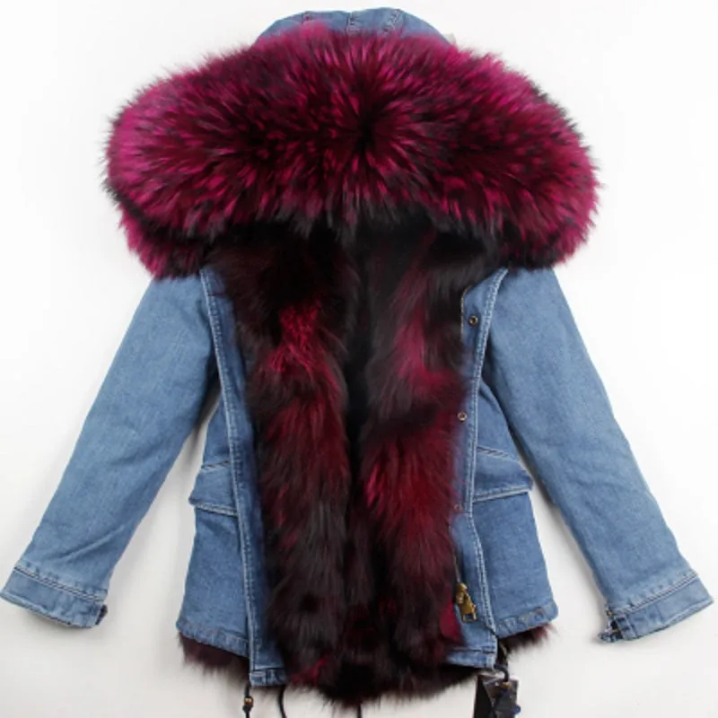 Women's Winter Casual Denim Thick Short Parka With Raccoon Fur
