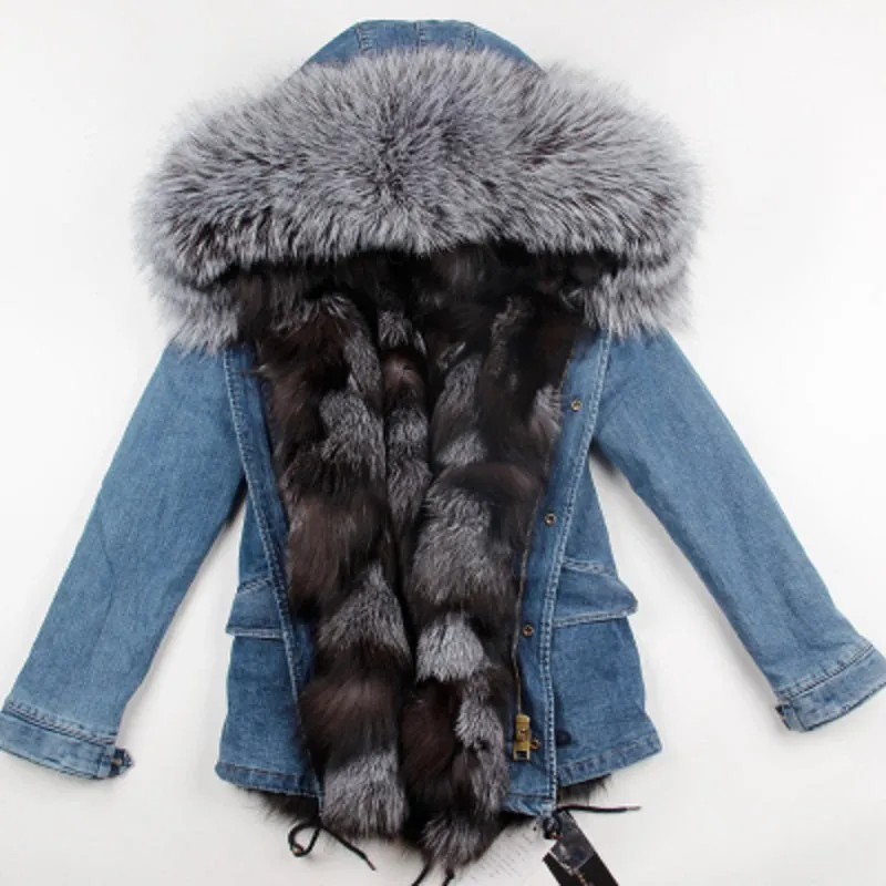 Women's Winter Casual Denim Thick Short Parka With Raccoon Fur