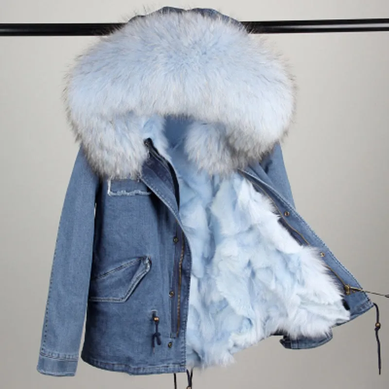 Women's Winter Casual Denim Thick Short Parka With Raccoon Fur