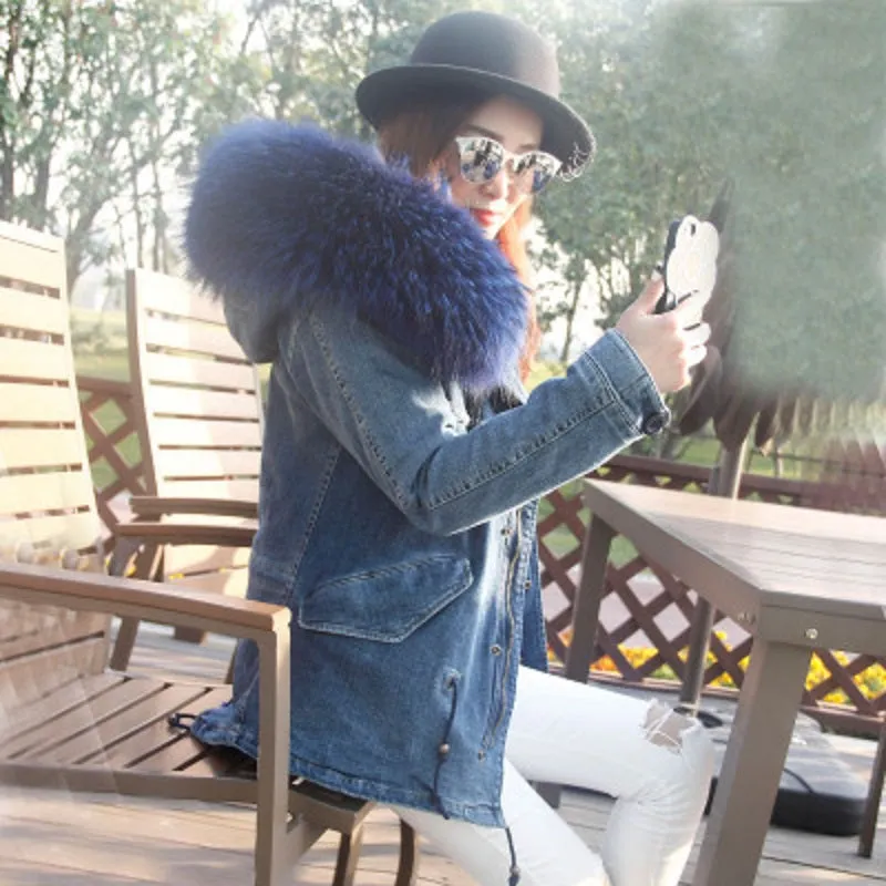 Women's Winter Casual Denim Thick Short Parka With Raccoon Fur