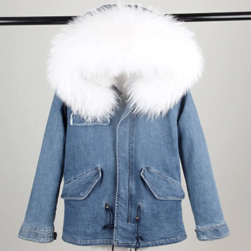 Women's Winter Casual Denim Thick Short Parka With Raccoon Fur
