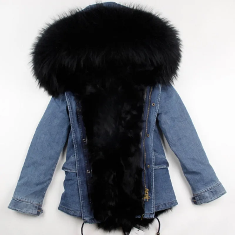 Women's Winter Casual Denim Thick Short Parka With Raccoon Fur