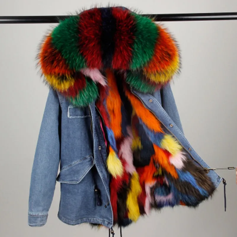 Women's Winter Casual Denim Thick Short Parka With Raccoon Fur