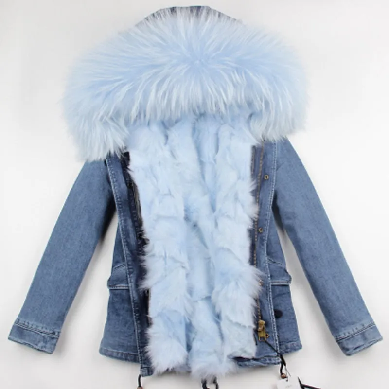 Women's Winter Casual Denim Thick Short Parka With Raccoon Fur