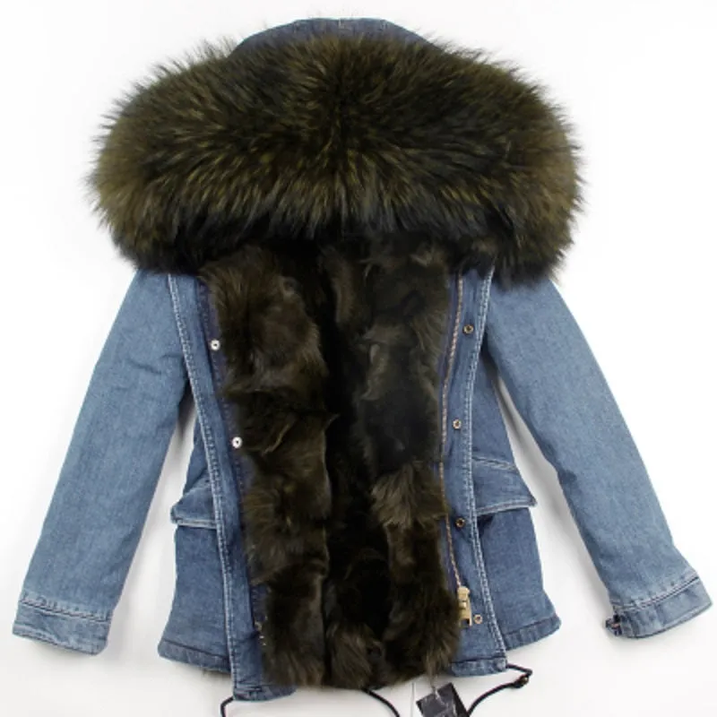 Women's Winter Casual Denim Thick Short Parka With Raccoon Fur