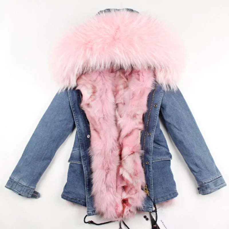 Women's Winter Casual Denim Thick Short Parka With Raccoon Fur