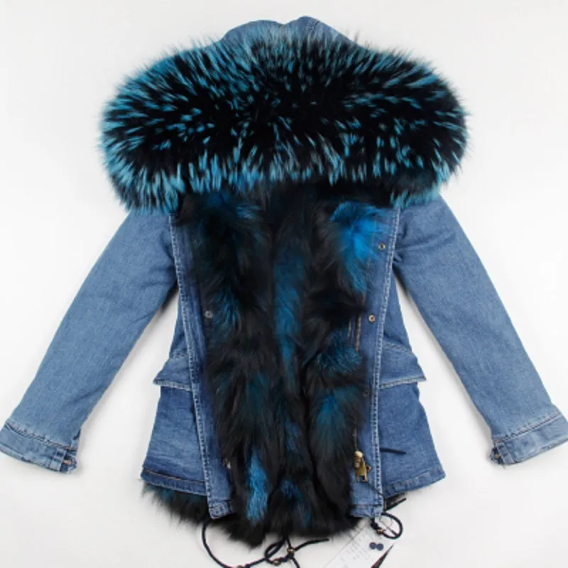 Women's Winter Casual Denim Thick Short Parka With Raccoon Fur