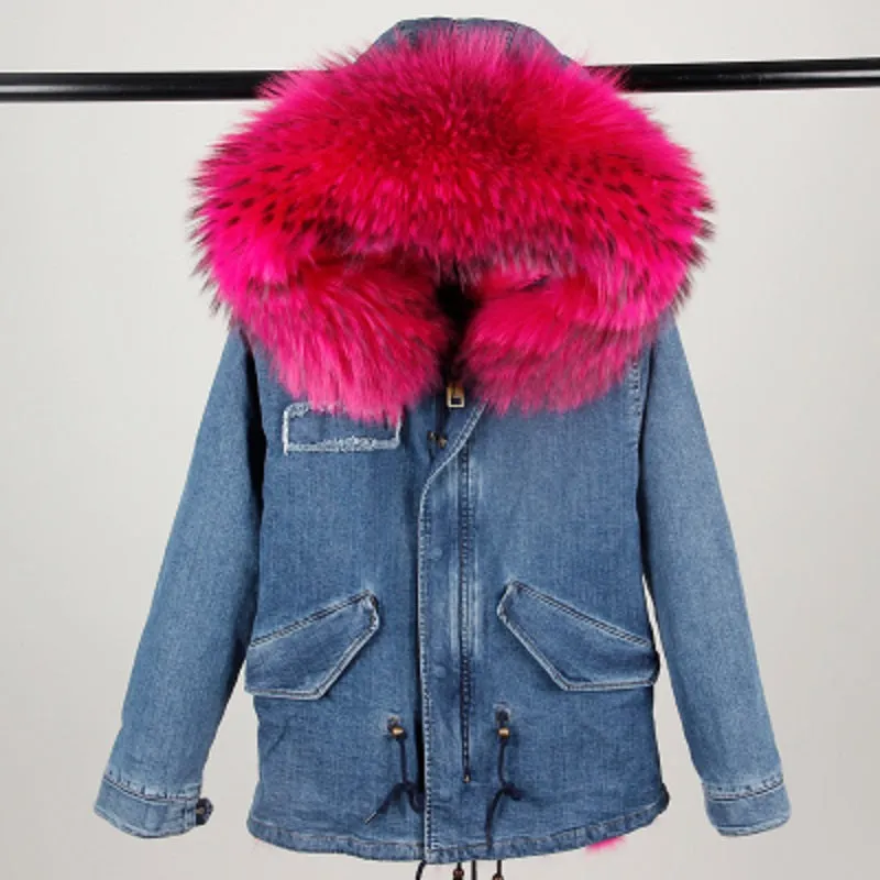 Women's Winter Casual Denim Thick Short Parka With Raccoon Fur
